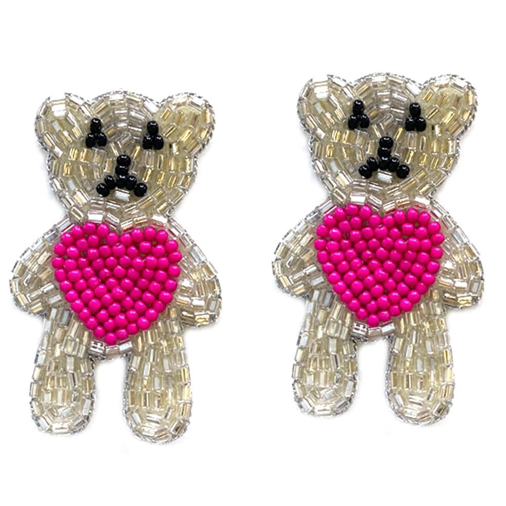 Teddy Bear Heart Earrings Pink