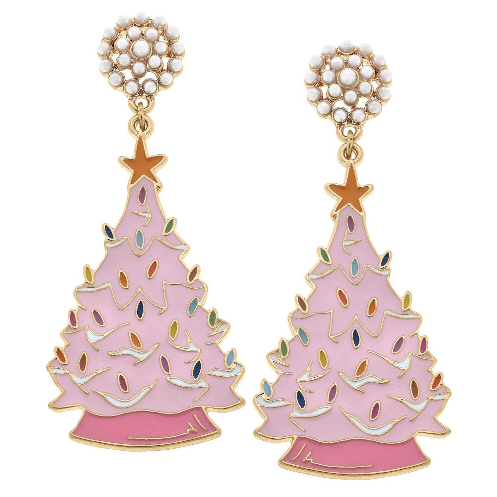 Pearl Cluster Earrings With Pink Christmas Tree Charm