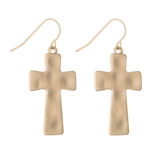 Matte Gold Hammered Cross Drop Earrings