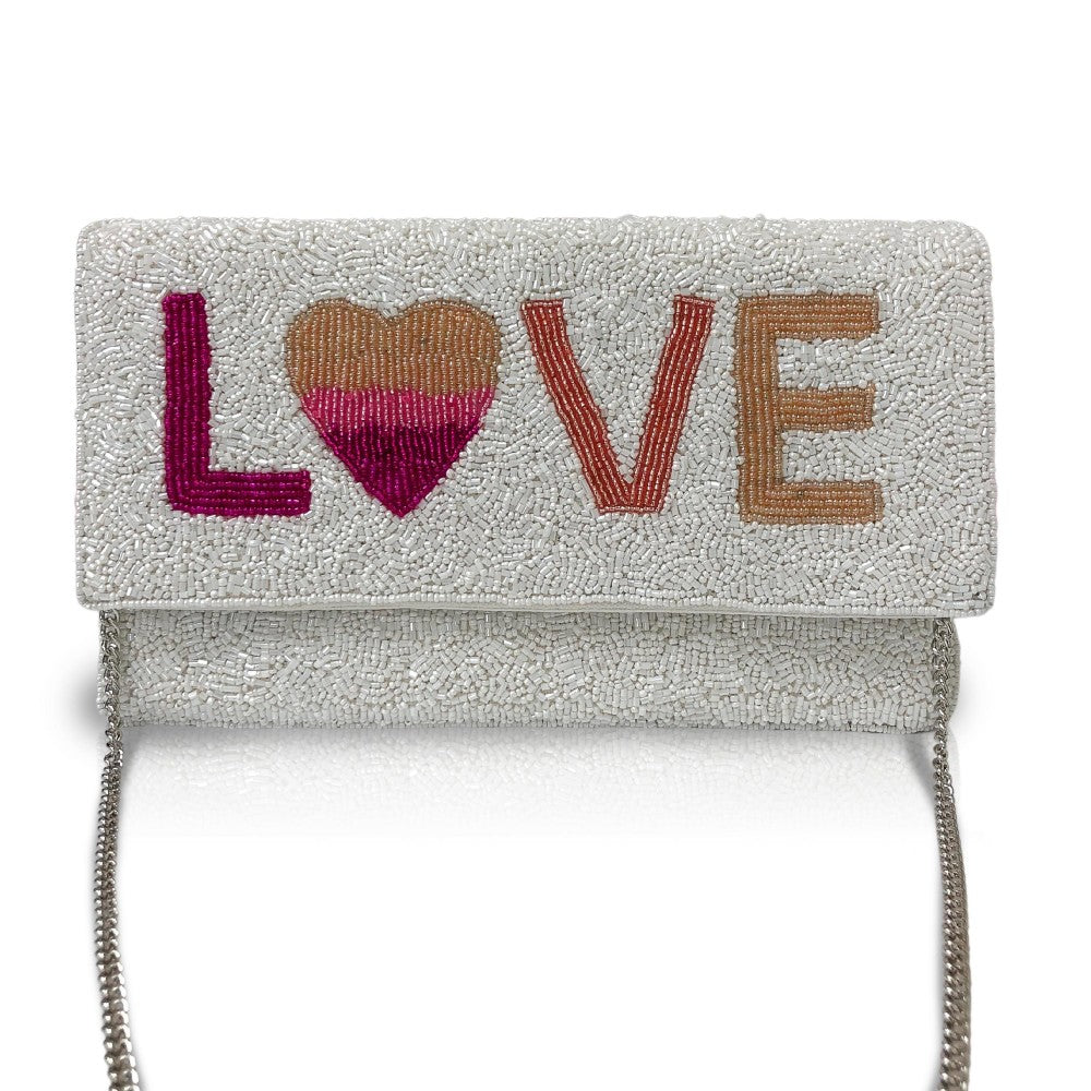 Beaded “Love” Clutch With Chain Link Strap