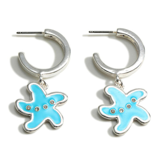 Silver Hoop Earring with Enameled Starfish Charm