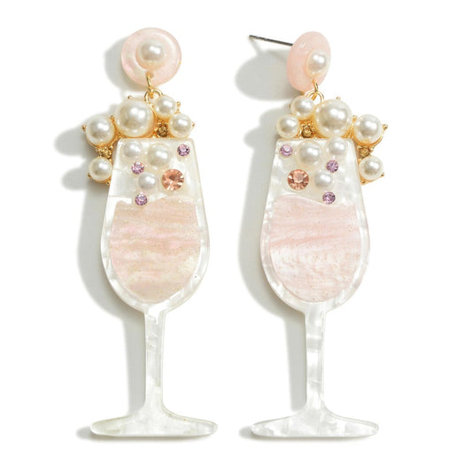 Pink Acetate Champagne Glass Earrings with Pearl Accents