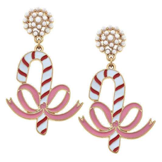 Pearl Cluster Earrings With Candy Cane Charm