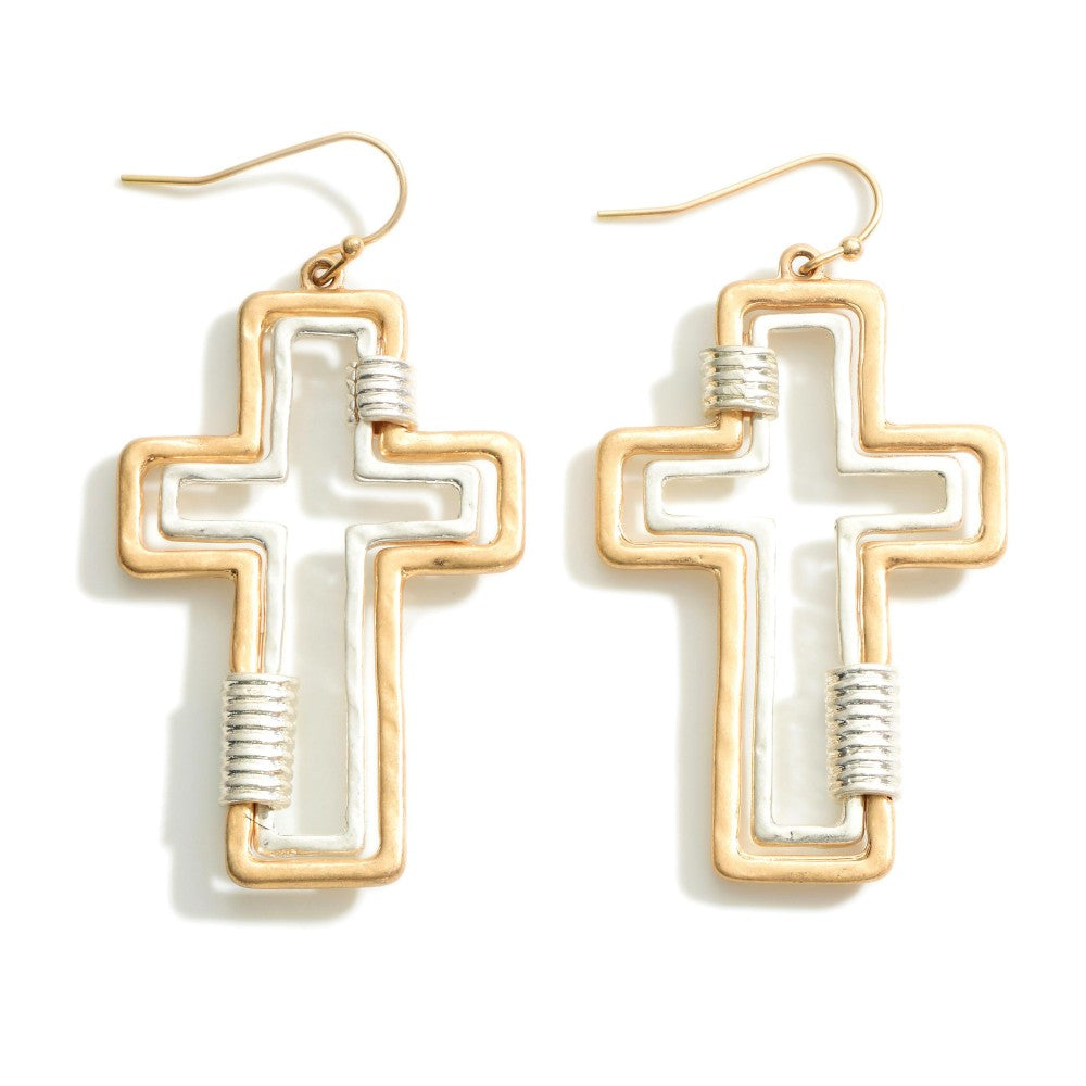Cross Drop Earrings Featuring Cuff Accents Gold