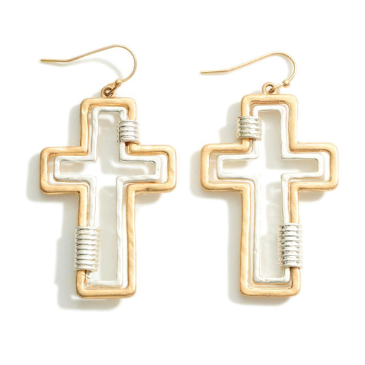 Cross Drop Earrings Featuring Cuff Accents Gold