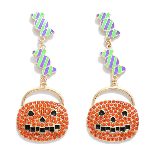 Enamel Candy & Rhinestone Pumpkin Earrings